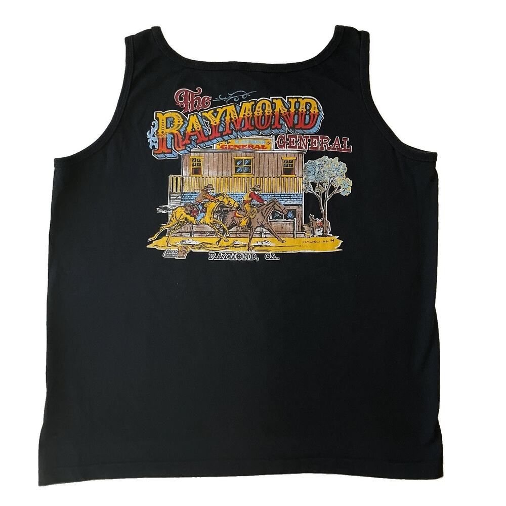 VINTAGE Anvil Women Tank Top L Black Graphic Print Western Scoop Neck Pullover